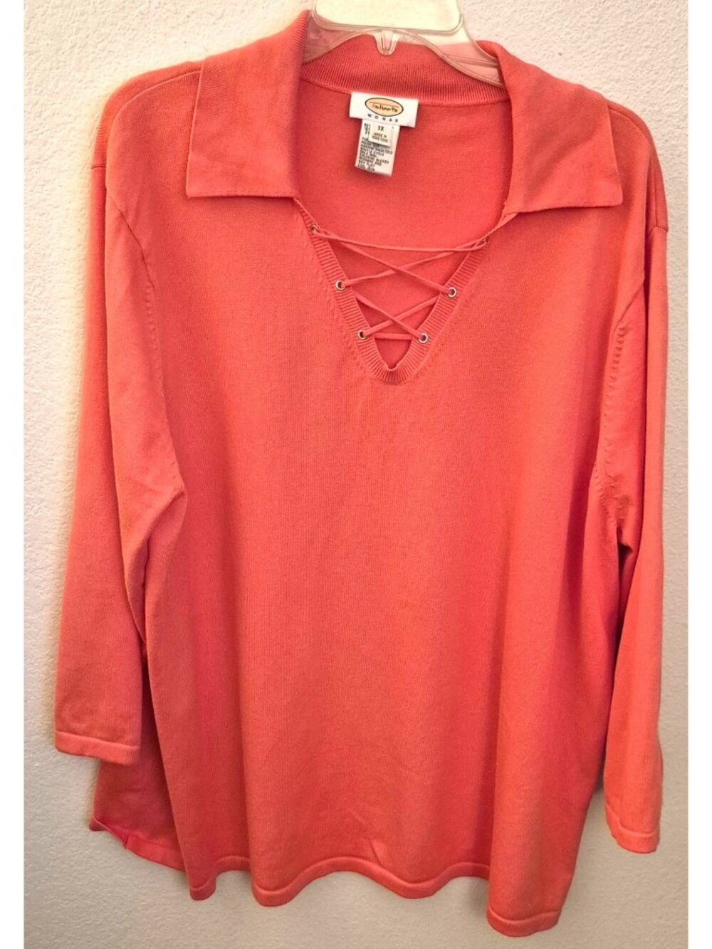 Talbots Coral Cotton Blend Laced Up Neckline Long Sleeve Sweater Size 3X GUC